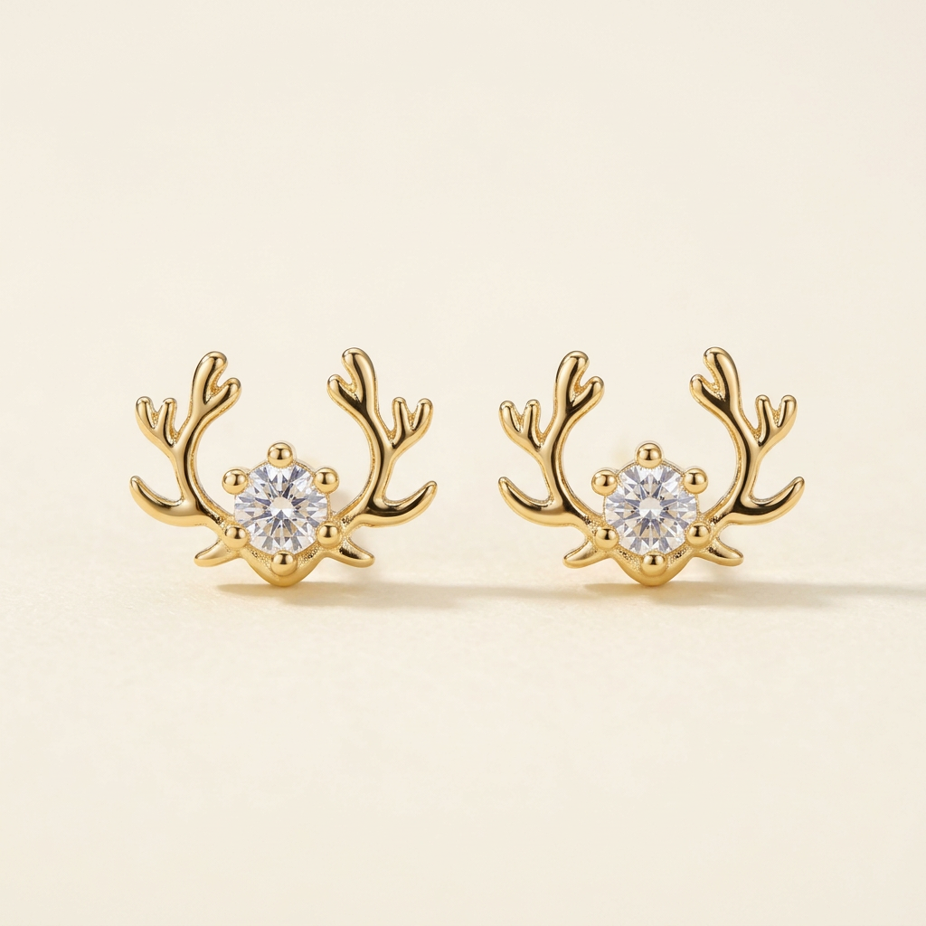14K Gold Filled Antler and Cubic Zirconia Stud Earrings