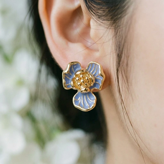 14K Gold Filled Enamel Floral Stud Earrings – Blue Petal_backup