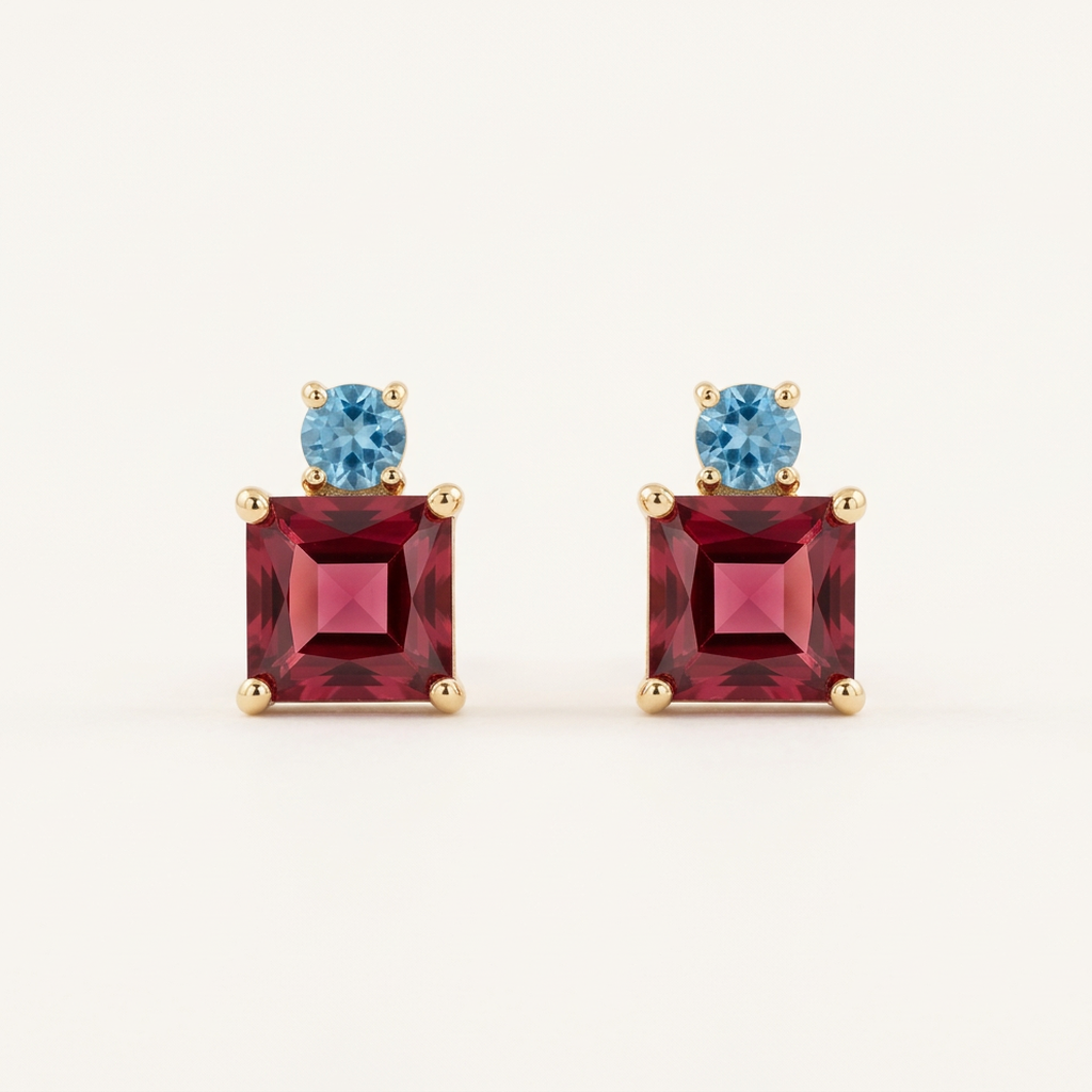 Garnet & Aquamarine Delicate 14K Gold Filled Studs