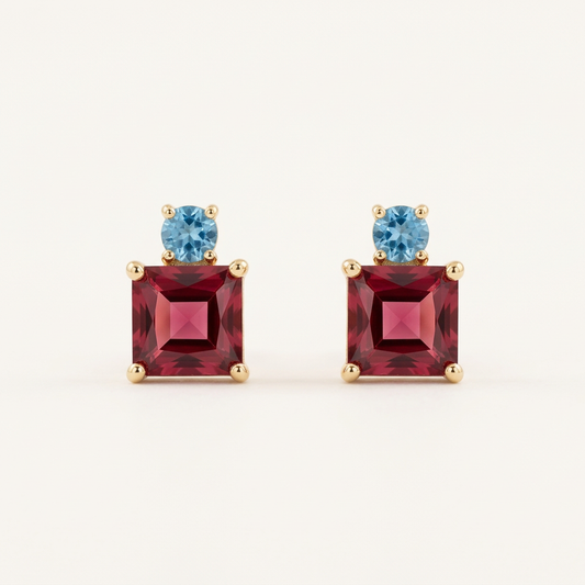 Garnet & Aquamarine Delicate 14K Gold Filled Studs