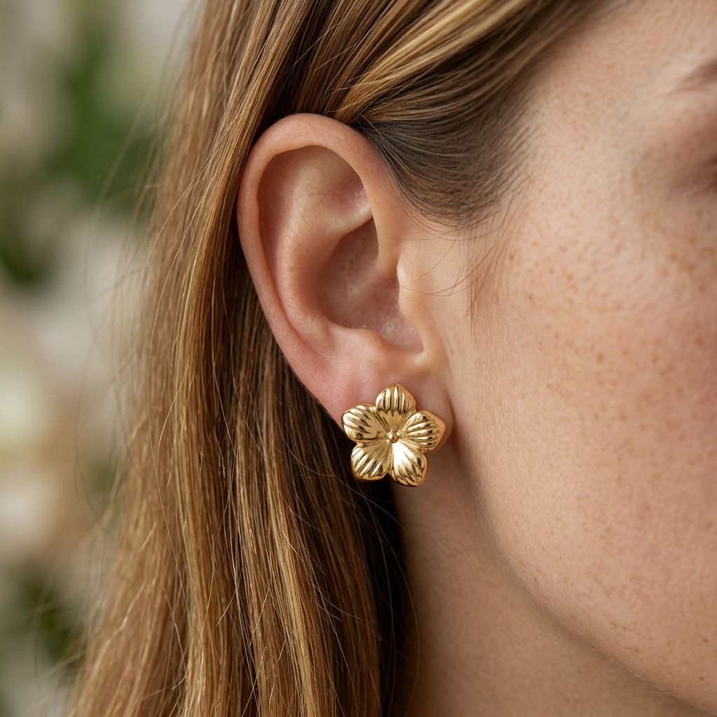 14K Gold Filled Floral Stud Earrings – Textured Petal