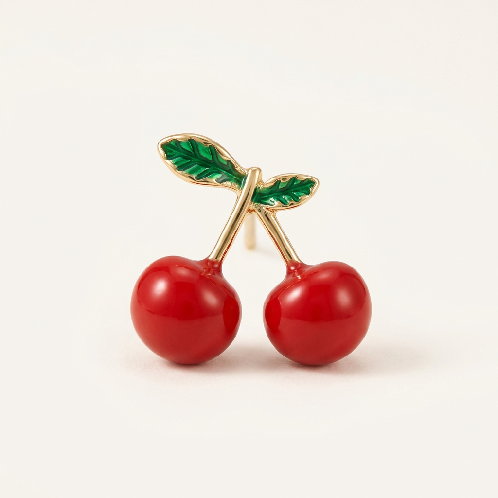 14K Gold Filled Cherry Stud Earrings with Enamel Leaves