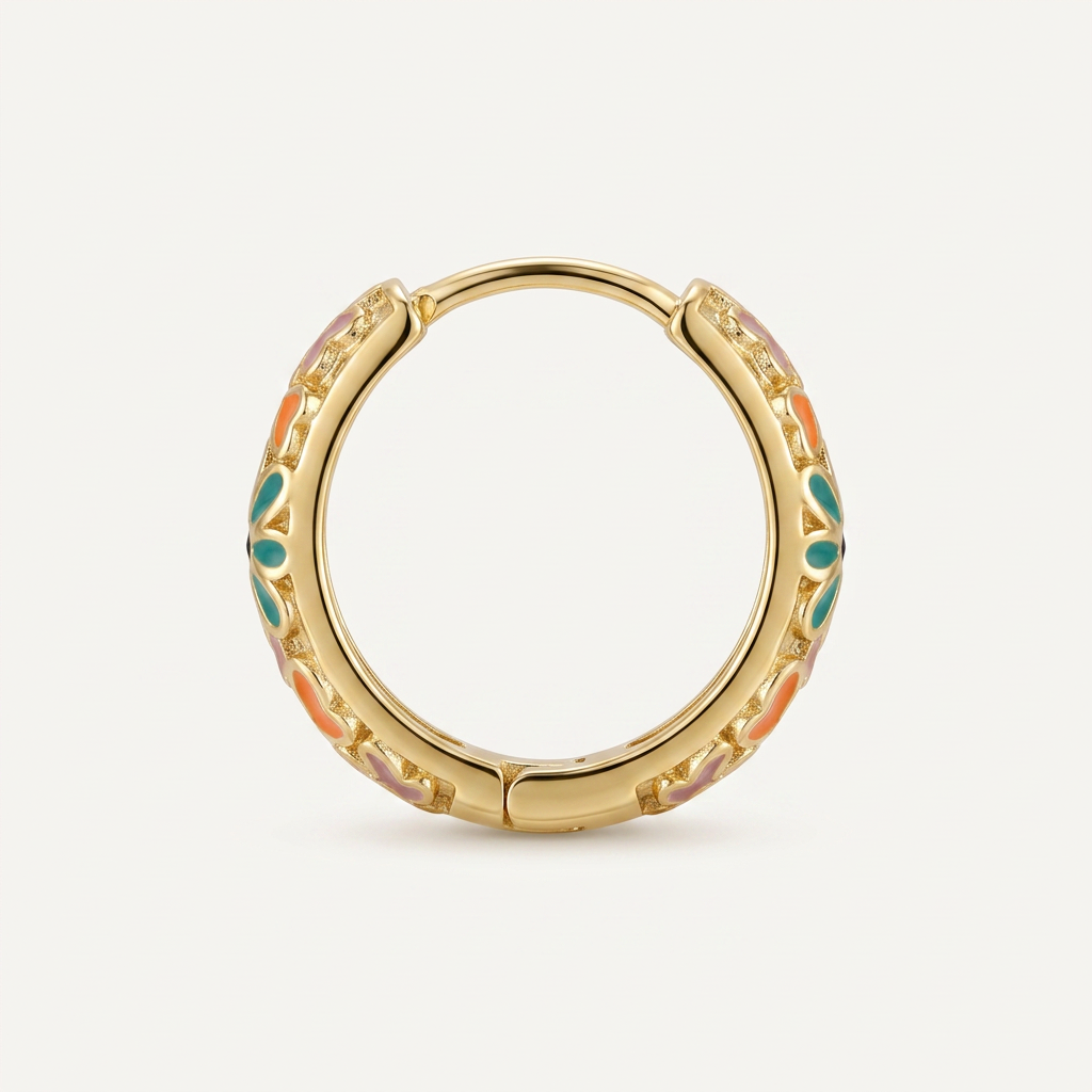 14K Gold Filled Floral Enamel Huggie Hoop Earrings