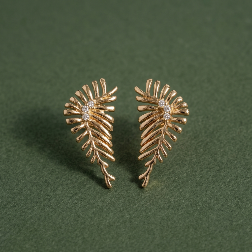 14K Gold Filled Sculptural Fern Leaf Stud Earrings with CZ