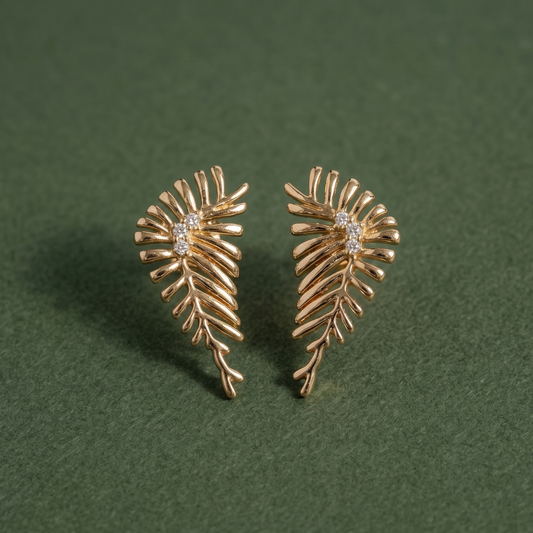 14K Gold Filled Sculptural Fern Leaf Stud Earrings with CZ
