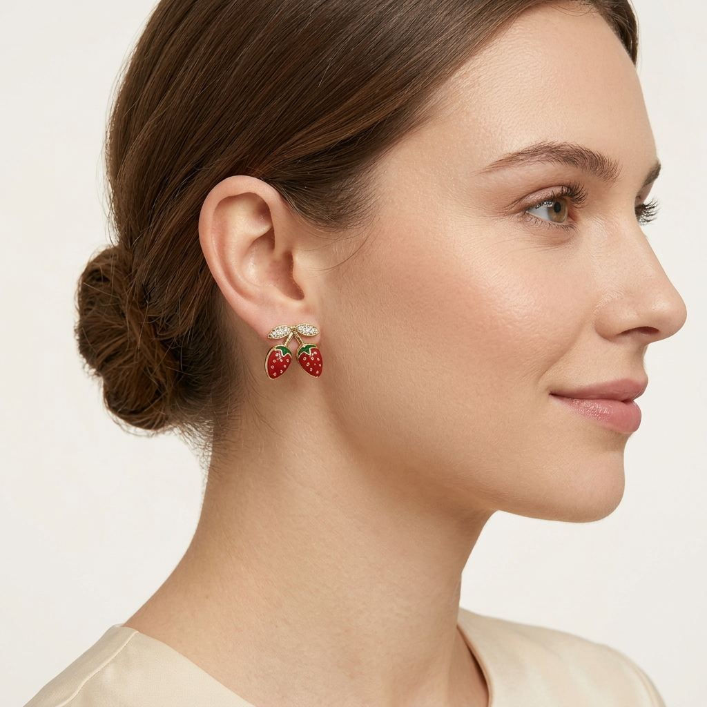 14K Gold Filled CZ and Enamel Strawberry Studs