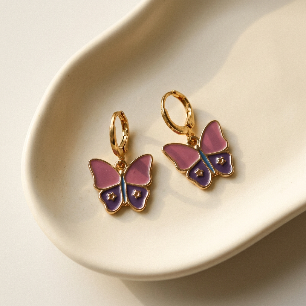 Gold Filled Enamel Butterfly Dangle Earrings