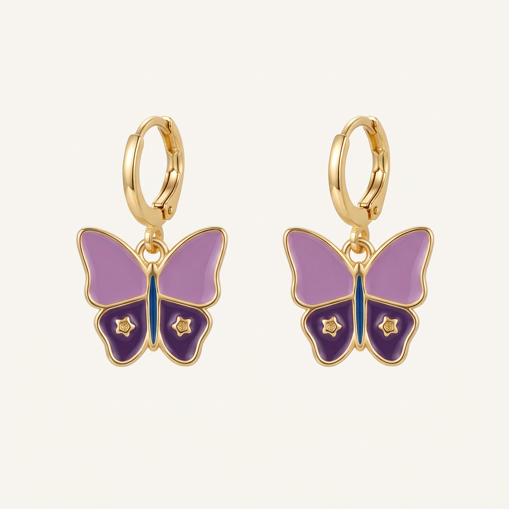 Gold Filled Enamel Butterfly Dangle Earrings
