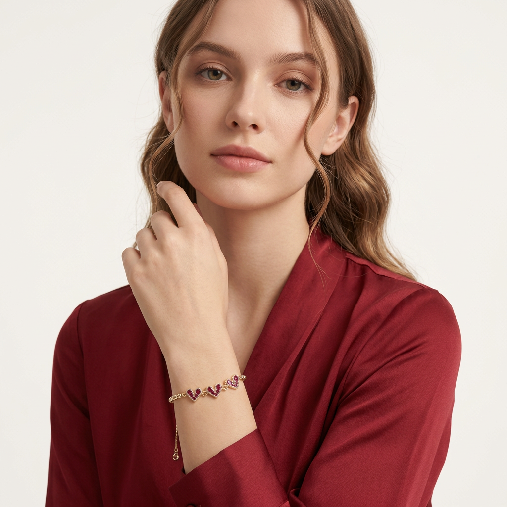 14K Gold Filled Heart Bolo Bracelet - Ruby Red