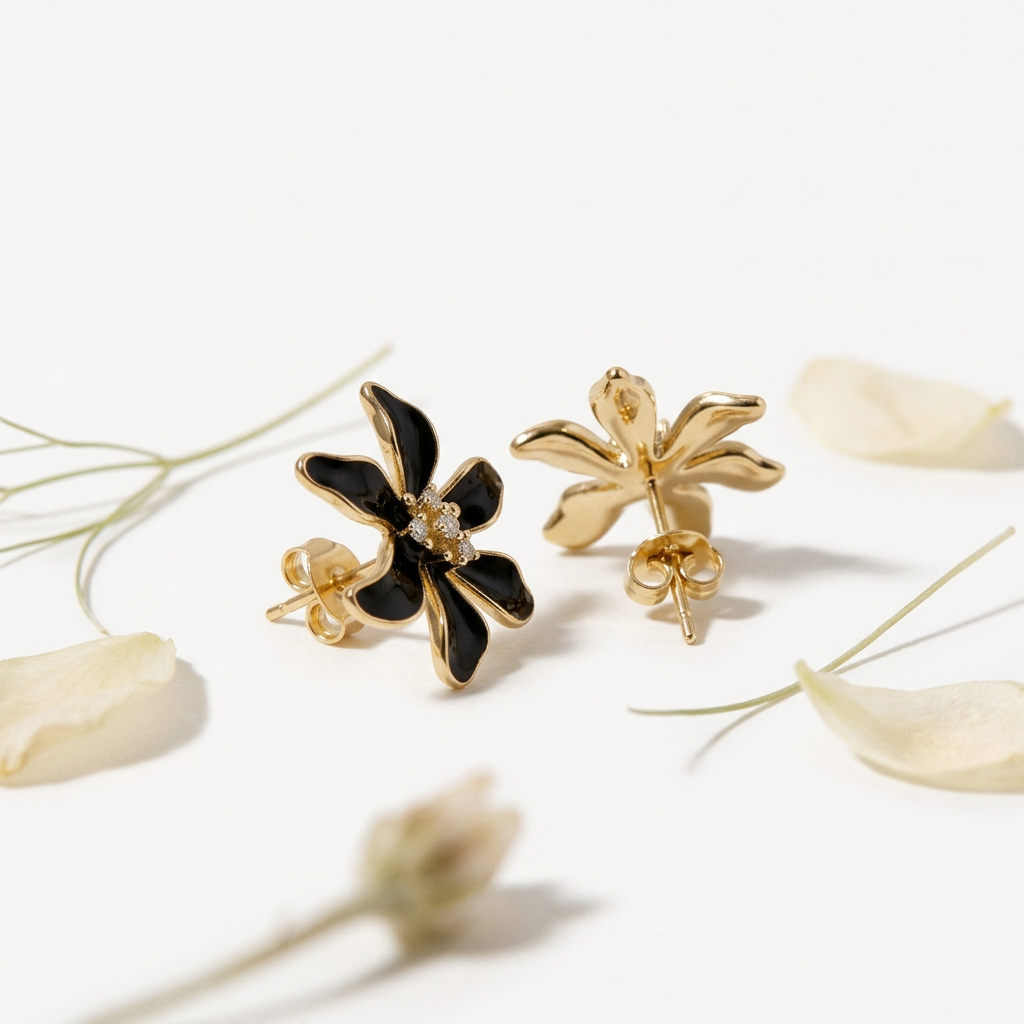 14K Gold Filled Black Enamel Flower Stud Earrings
