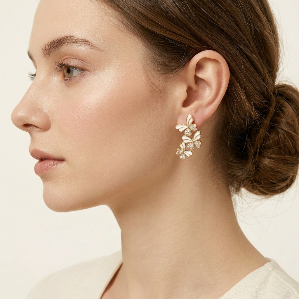 14K Gold Filled Triple Butterfly Enamel and CZ Stud Earrings