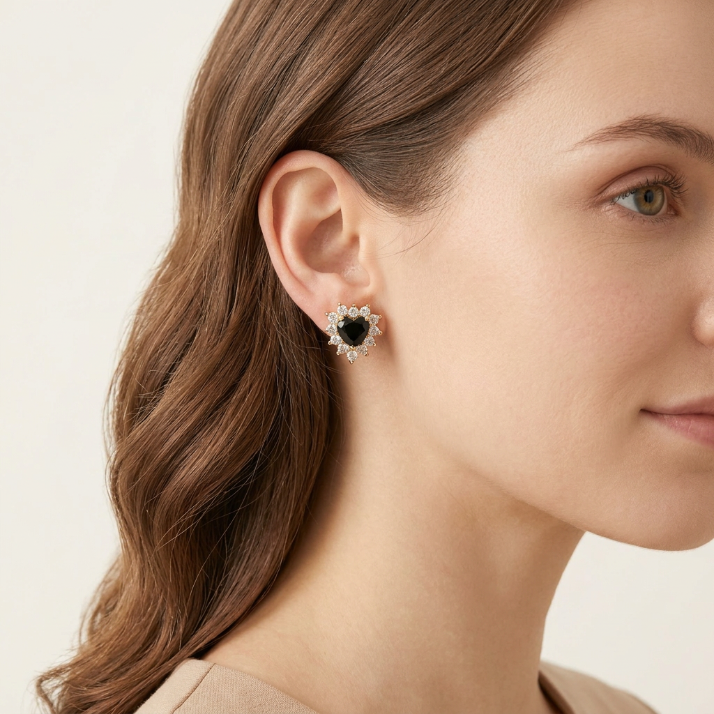 14K Gold Filled Black Heart Cubic Zirconia Stud Earrings