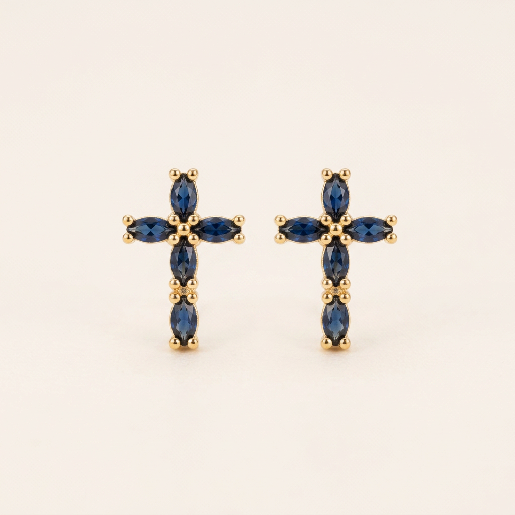 14K Gold Filled Blue Marquise Cross Stud Earrings