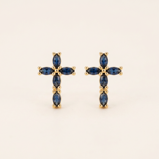 14K Gold Filled Blue Marquise Cross Stud Earrings