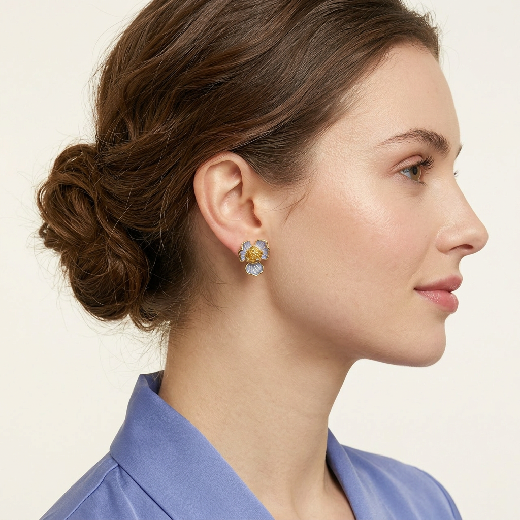 14K Gold Filled Enamel Floral Stud Earrings – Blue Petal_backup