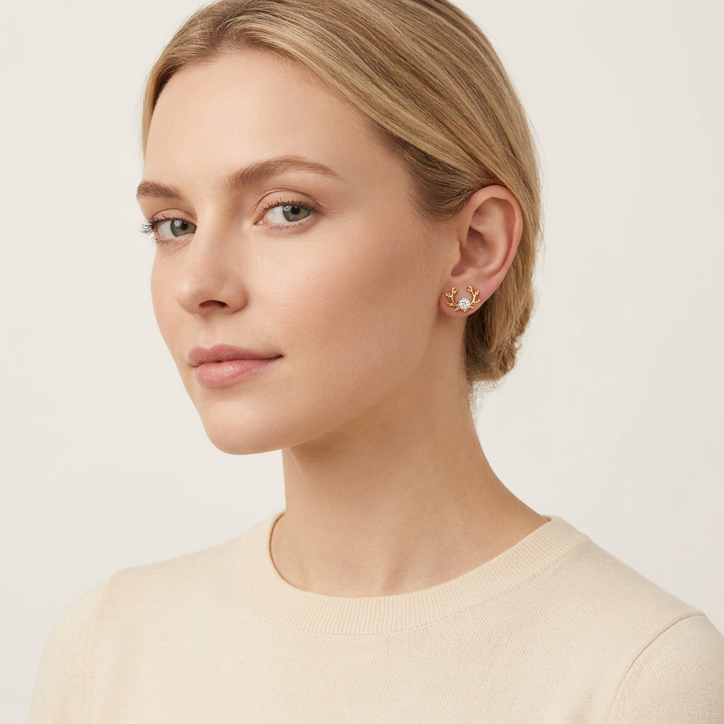 14K Gold Filled Antler and Cubic Zirconia Stud Earrings