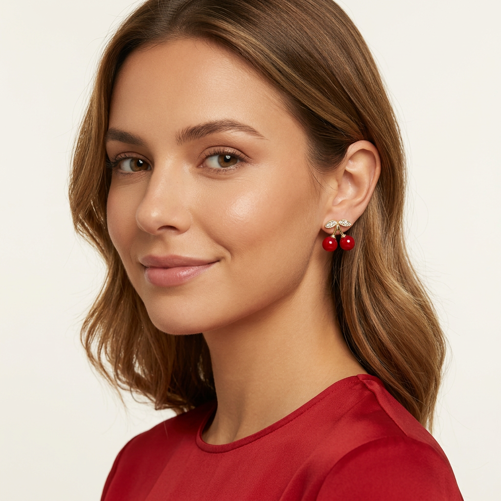 14K Gold Filled Dainty Cherry Stud Earrings w/ CZ Stone
