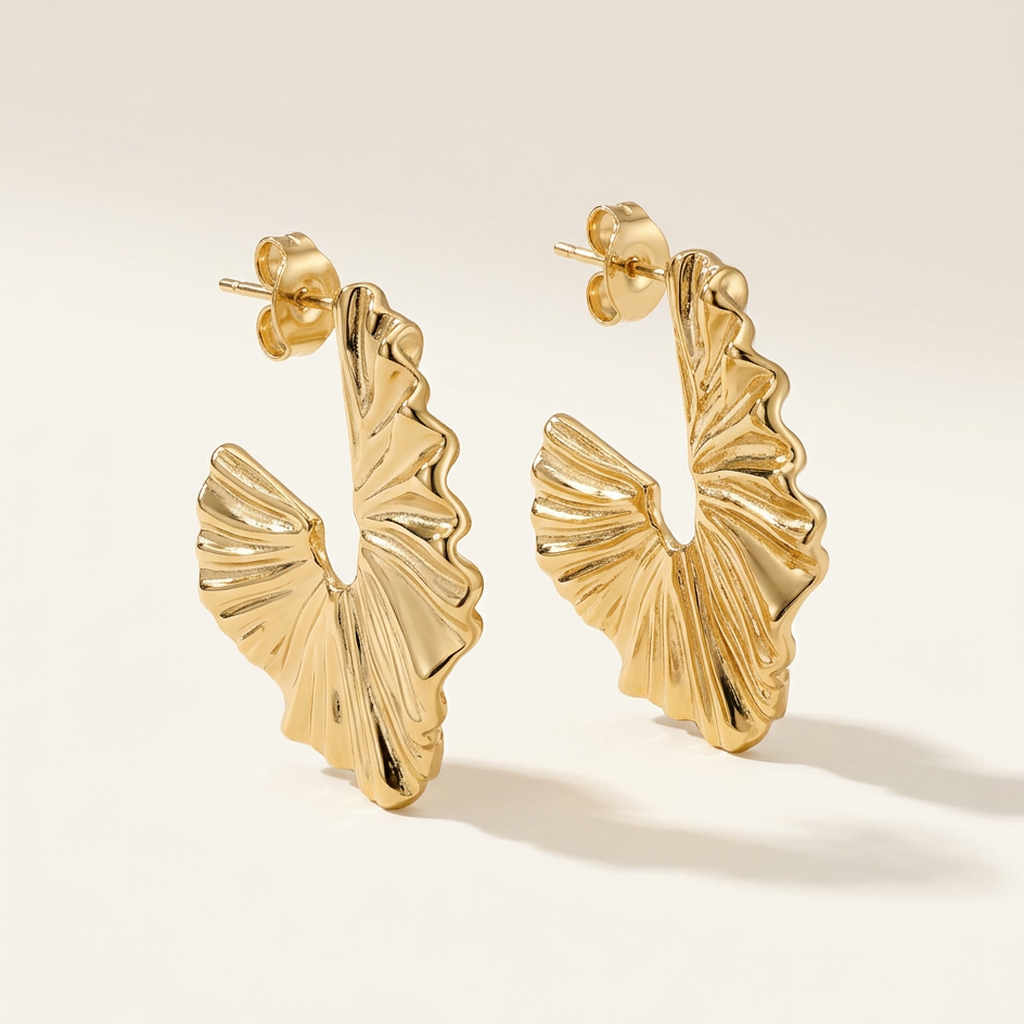 14K Gold Filled Rippled Fan Hoop Earrings