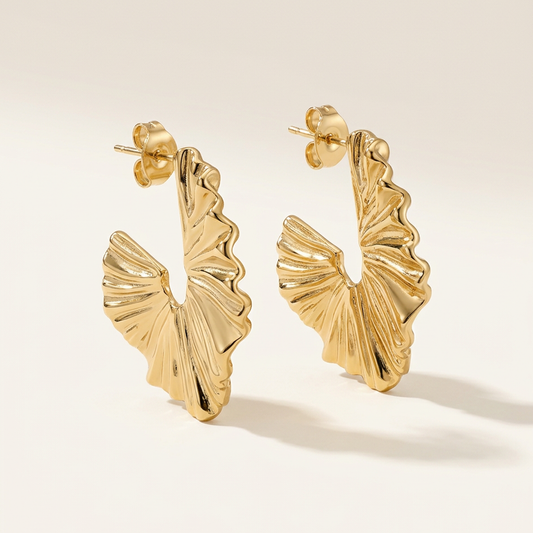 14K Gold Filled Rippled Fan Hoop Earrings