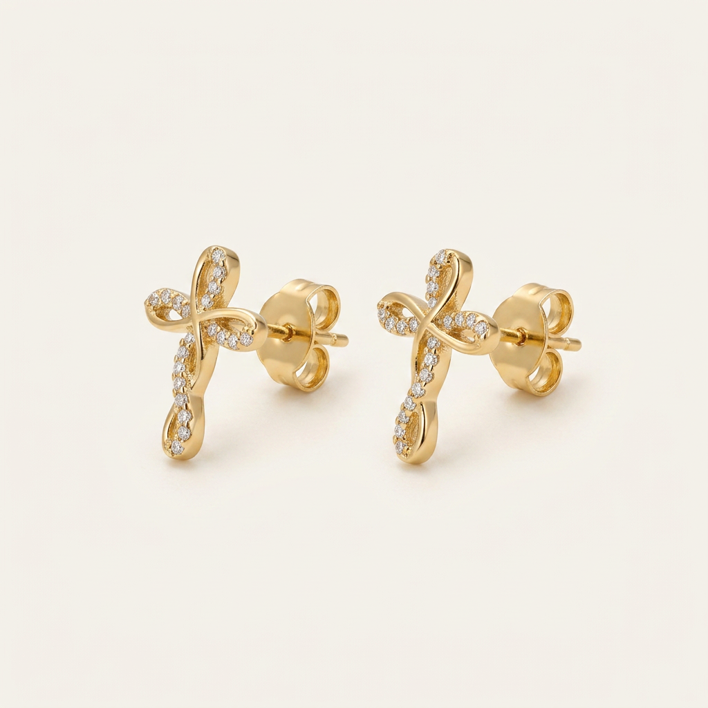 14K Gold Filled Infinity Cross Cubic Zirconia Stud Earrings
