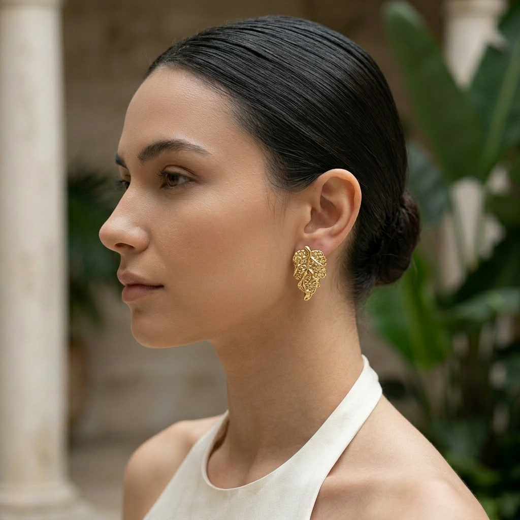 14K Gold Filled Pebbled Leaf Stud Earrings
