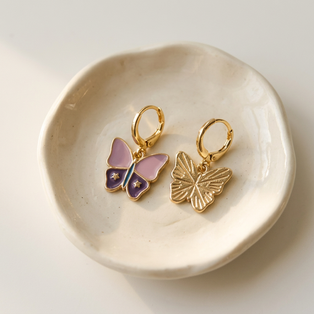 Gold Filled Enamel Butterfly Dangle Earrings