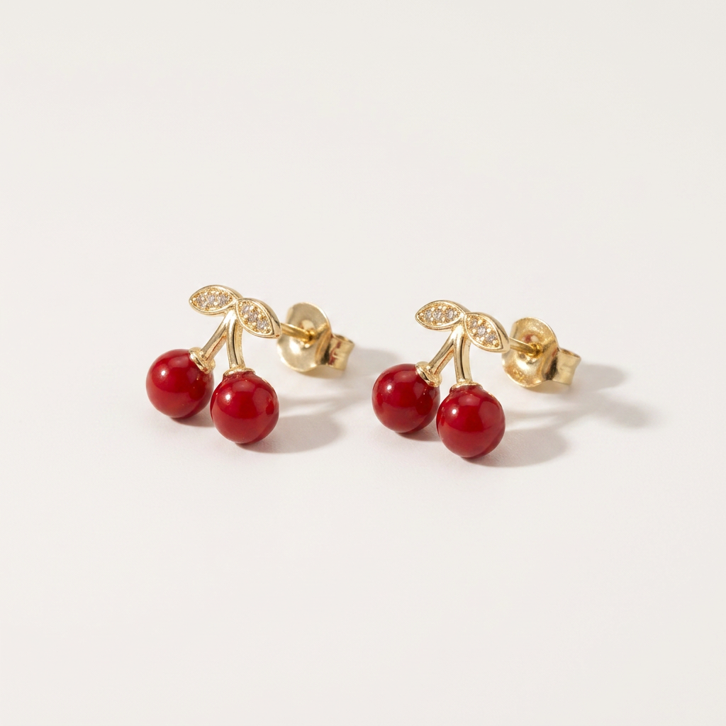14K Gold Filled Dainty Cherry Stud Earrings w/ CZ Stone