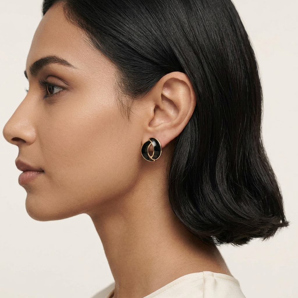 14K Gold Filled Aura Interlocking Black Enamel Stud Earrings