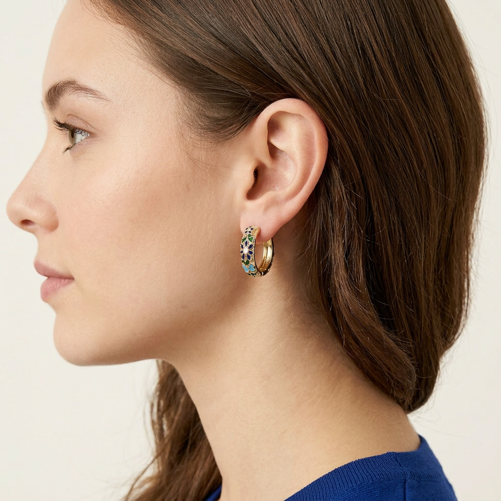 14K Gold Filled Floral Enamel Huggie Earrings