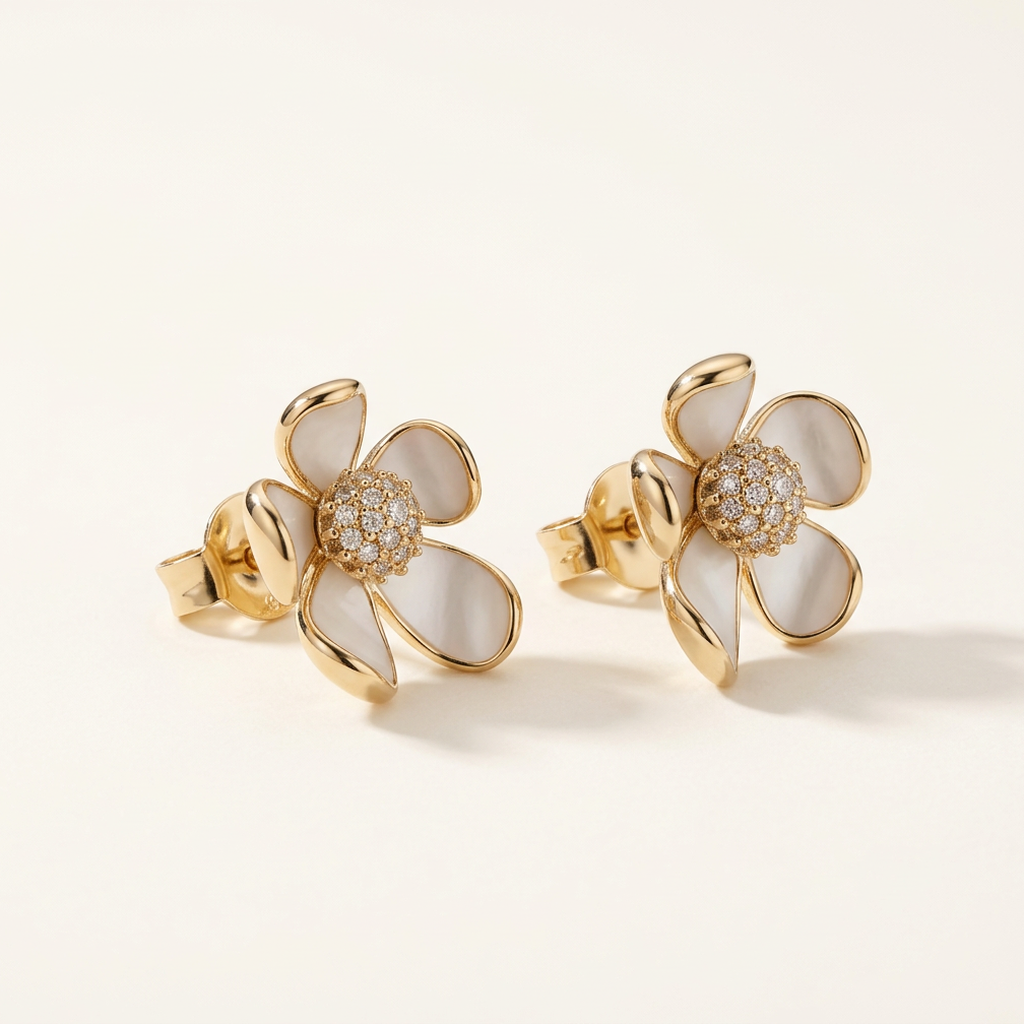 14K Gold Filled White Enamel Floral Stud Earrings – Soft Pet
