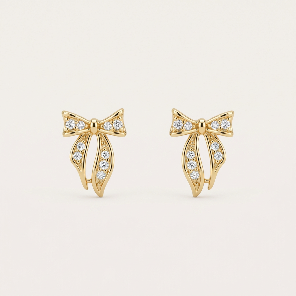 14K Gold Filled Bow Stud Earrings with Cubic Zirconia