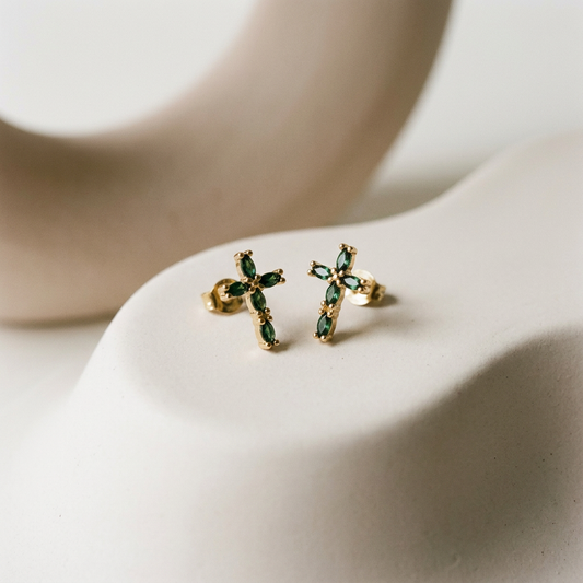 14K Gold Filled Green Marquise Cross Stud Earrings