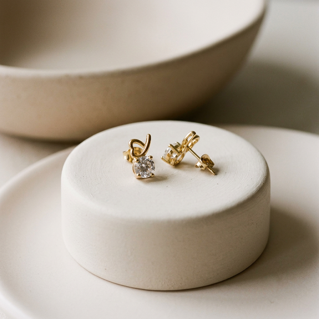 14K Gold Filled CZ Sculptural Heart Stud Earrings