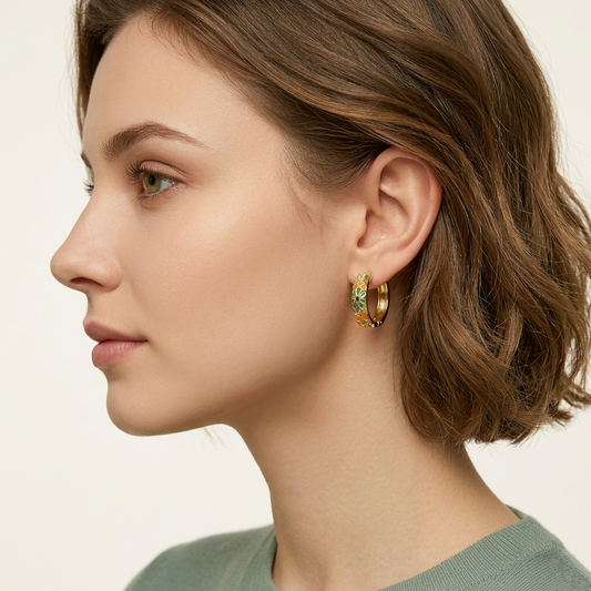 14K Gold Filled Floral Enamel Huggie Hoop Earrings