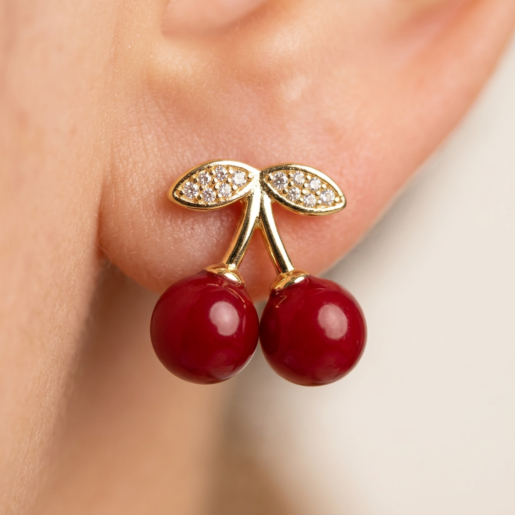 14K Gold Filled Dainty Cherry Stud Earrings w/ CZ Stone