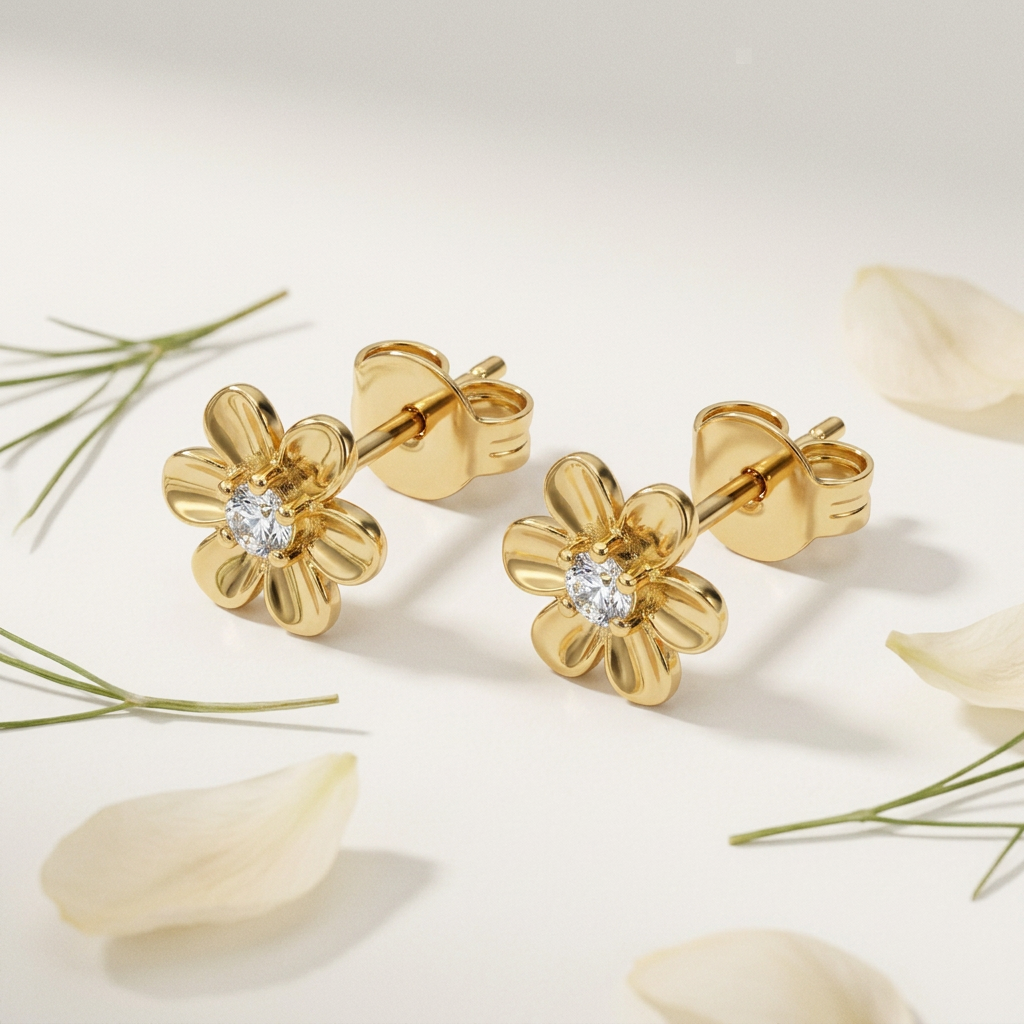 14K Gold Filled Floral Stud Earrings with Cubic Zirconia