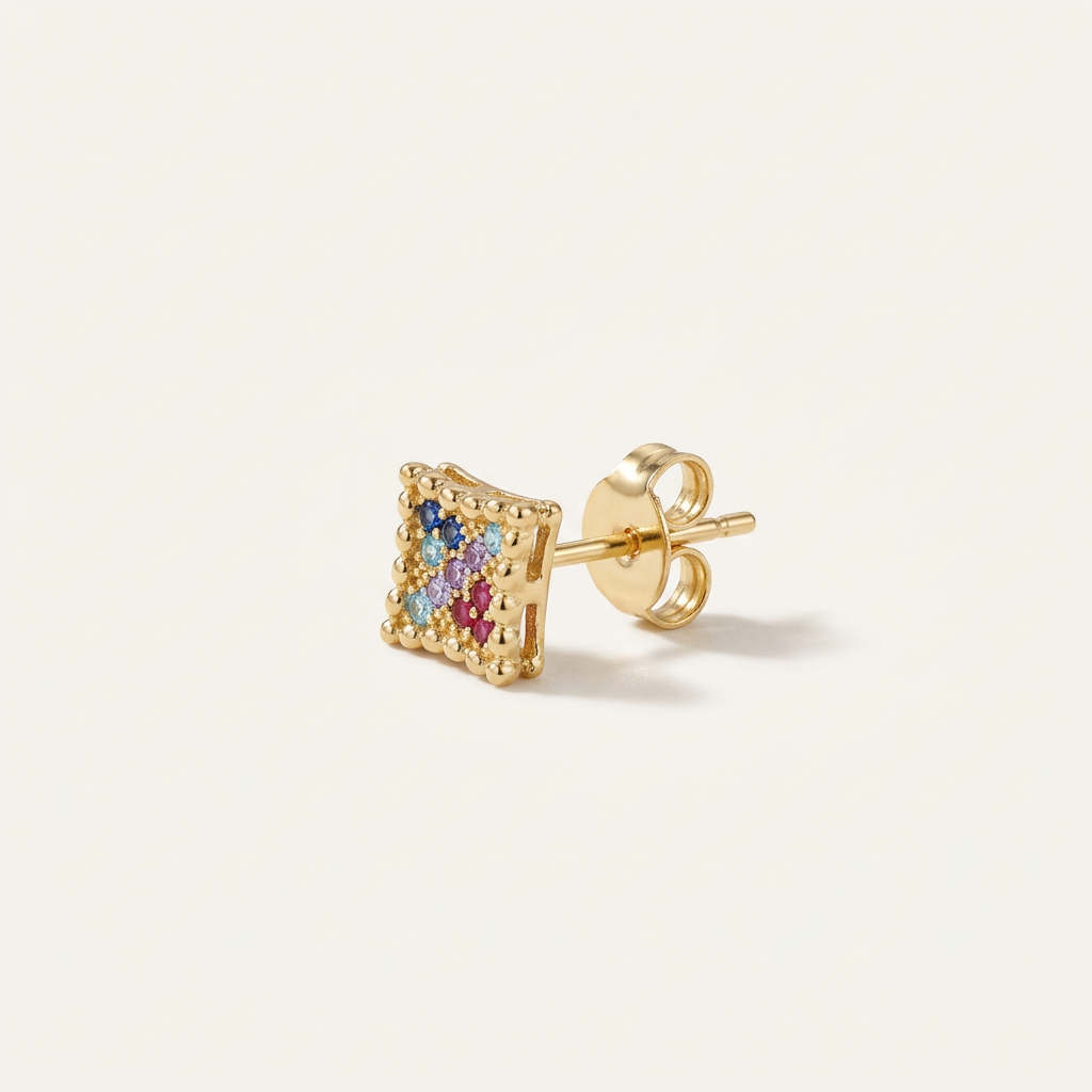 14K Gold Filled Textured Square Multi-Colored Stud Earrings