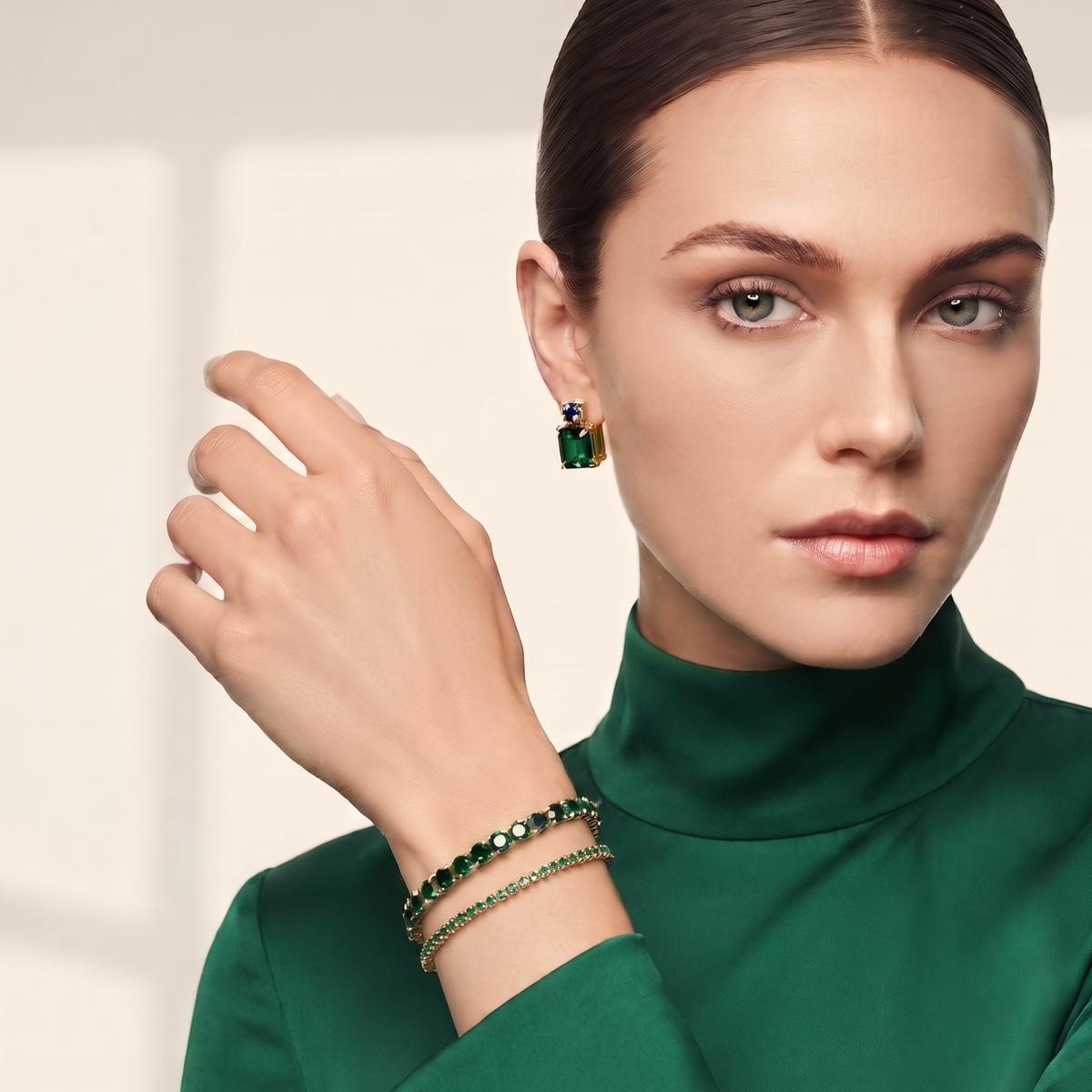 14K Gold Filled Emerald-Cut Green and Blue Stud Earrings