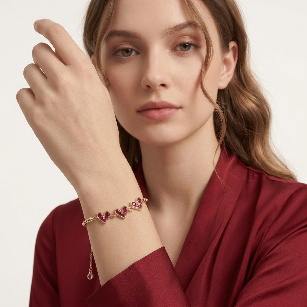 14K Gold Filled Heart Bolo Bracelet - Ruby Red